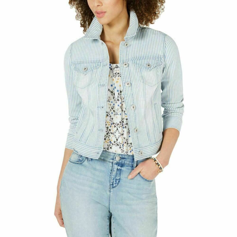 Style & Co Sedona Denim Jacket Plus 14W Blue White Vertical Stripe Stretch Jean